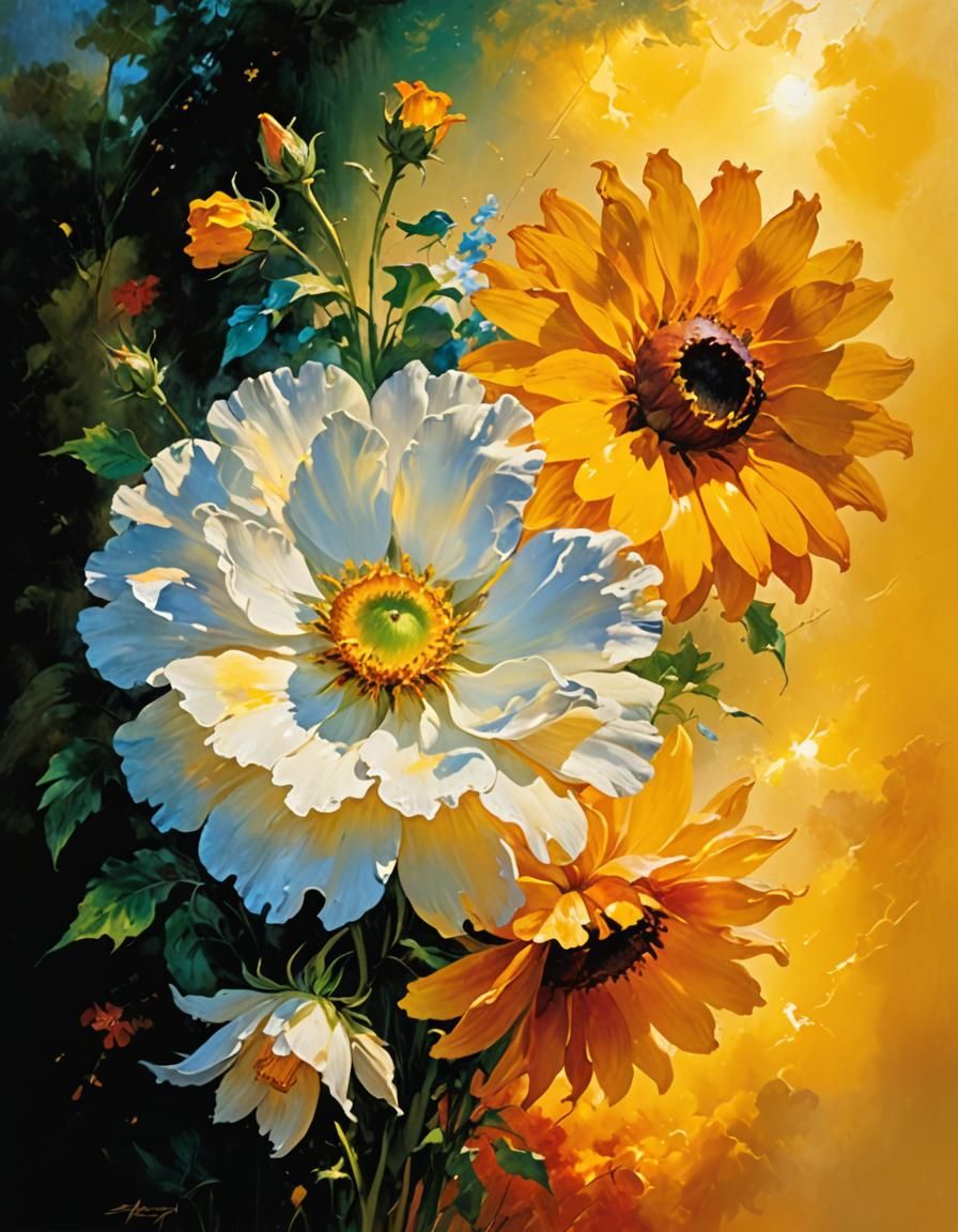 Flowers in Impasto Style Bathed in Heavenly Light