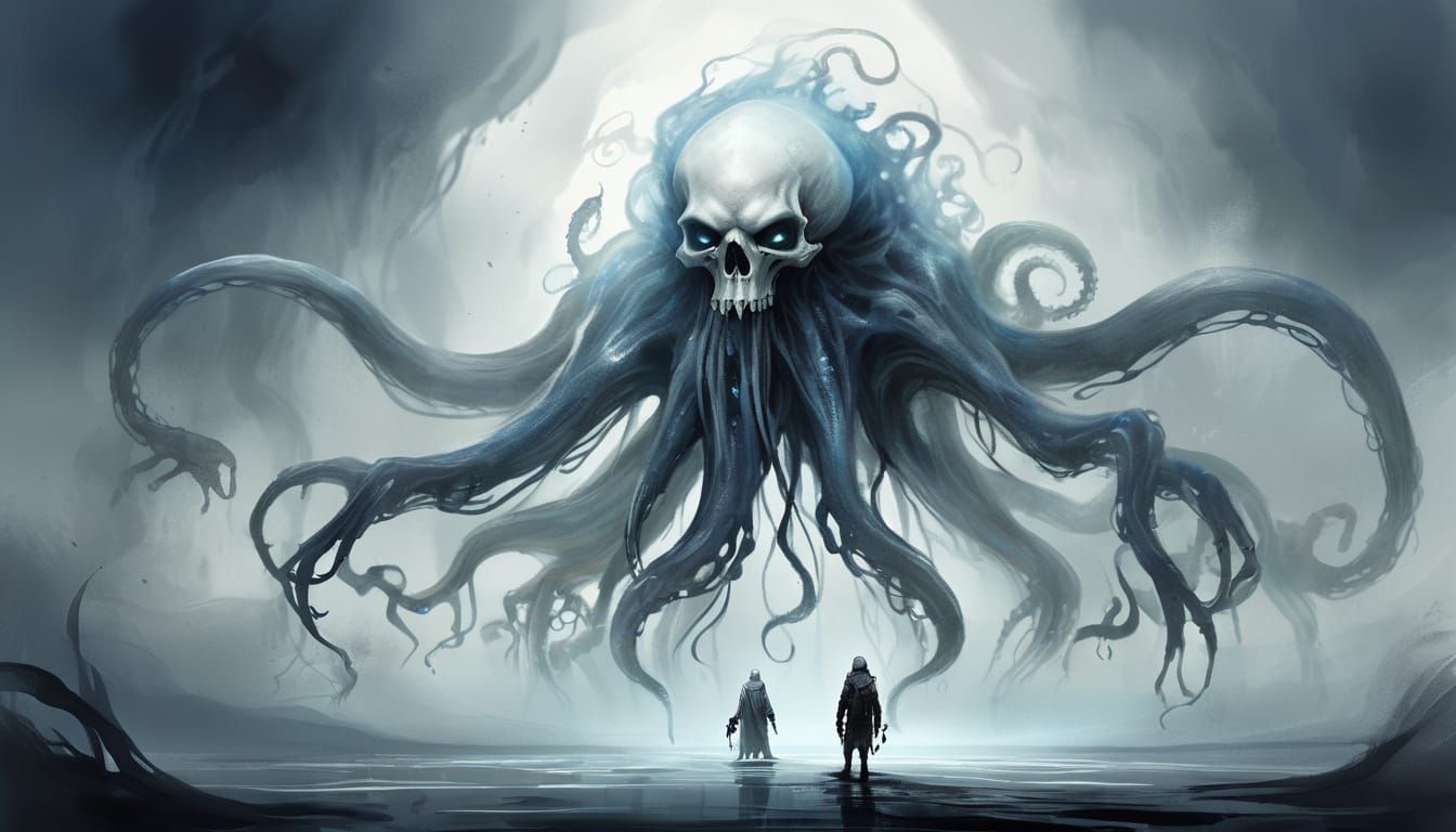 Ethereal Ghostly Monster with Skull Head, Watercolor Style