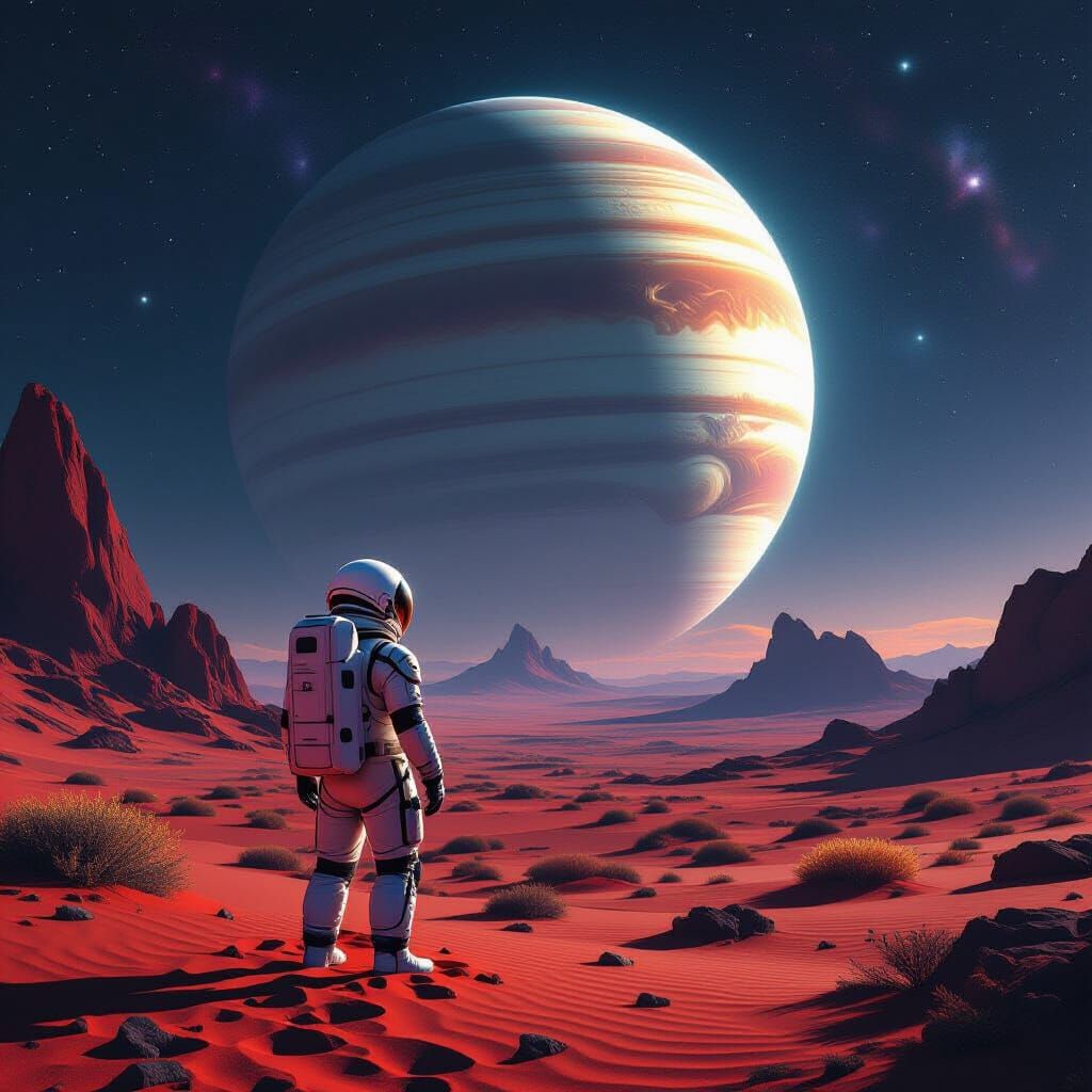 Astronaut Gazes at Ringed Planet on Crimson Alien World