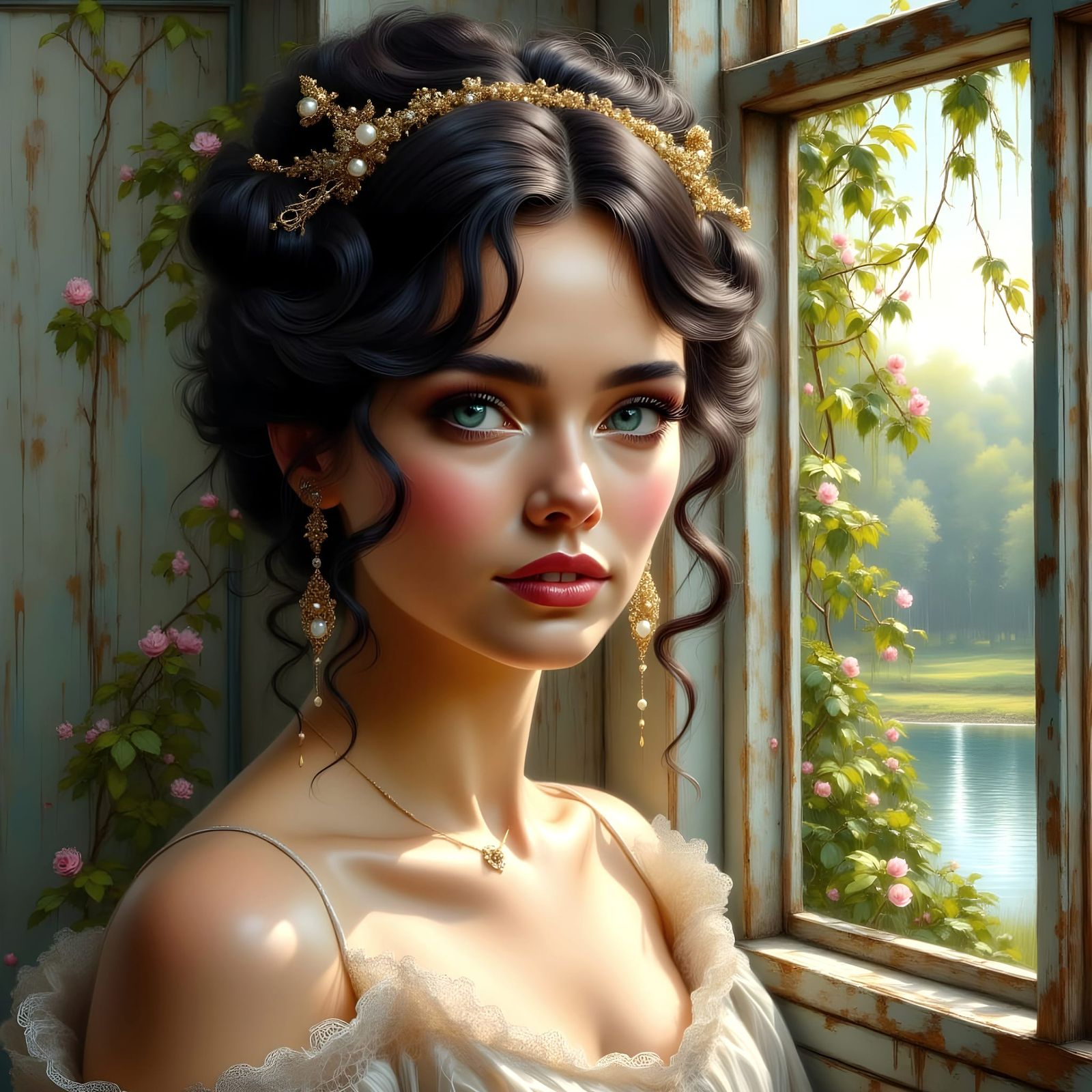 Elegant Woman in Oil Painting with Soft Light and Lush Garde...