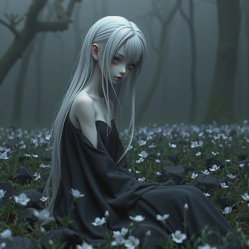 Gloomy Anime Girl in Forest Clearing, 8k