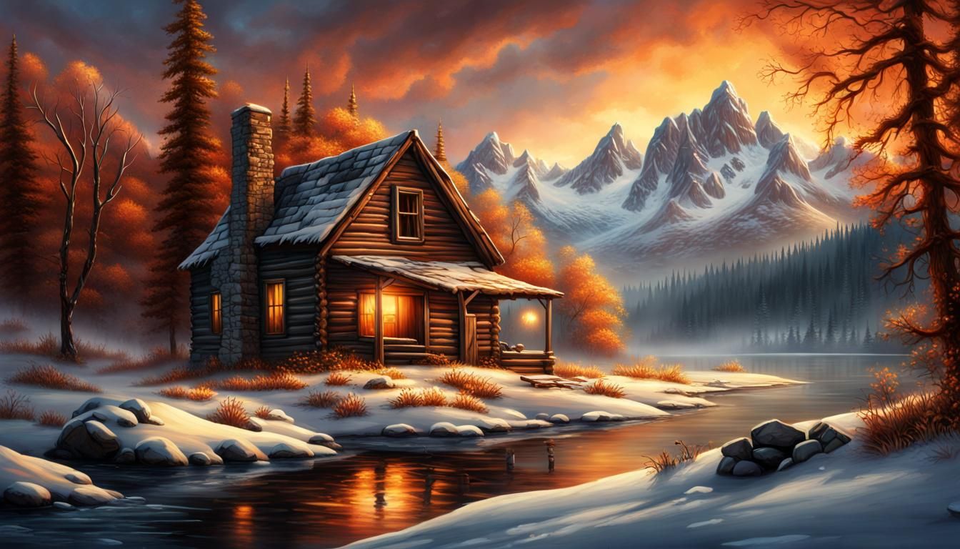 Winter Cabin with Bear, Terry Redlin Style