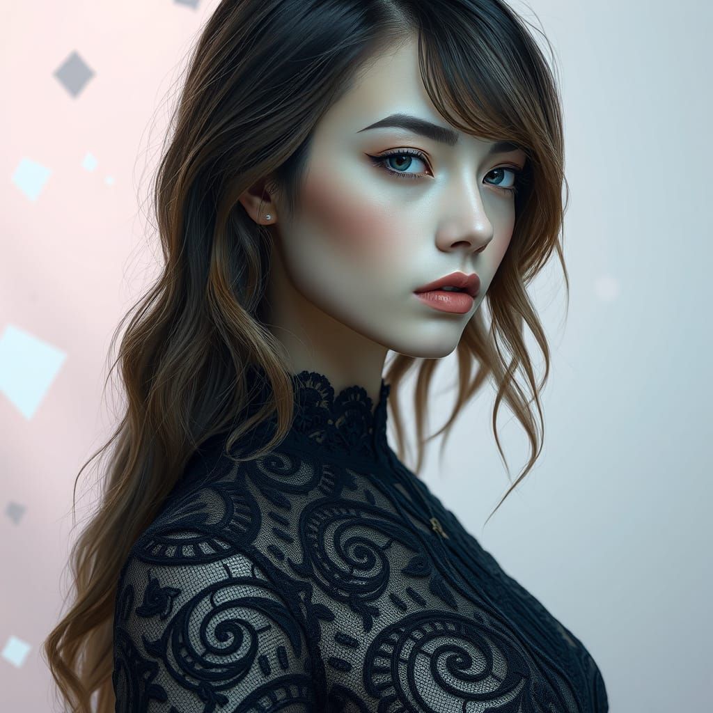 Elegant Futuristic Woman in Lacy Gown with Geometric Pattern...