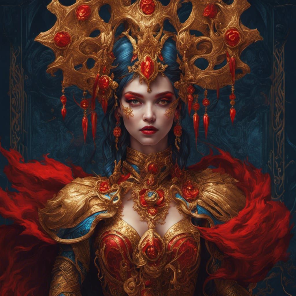 Woman in Gold and Red: Detailed Fantasy Art