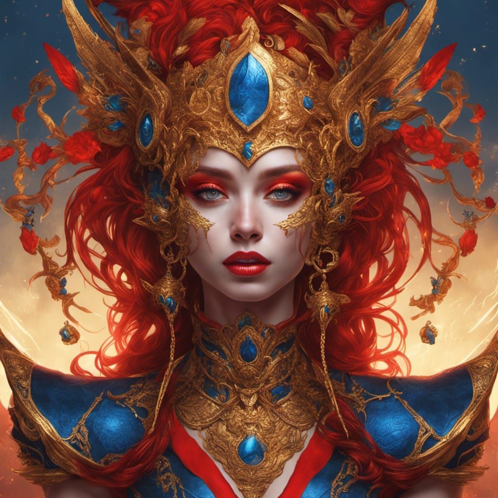 Woman in Gold and Red, Detailed Fantasy Art