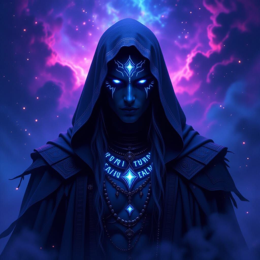 Mystical Figure with Glowing Eyes in Cosmic Nebula