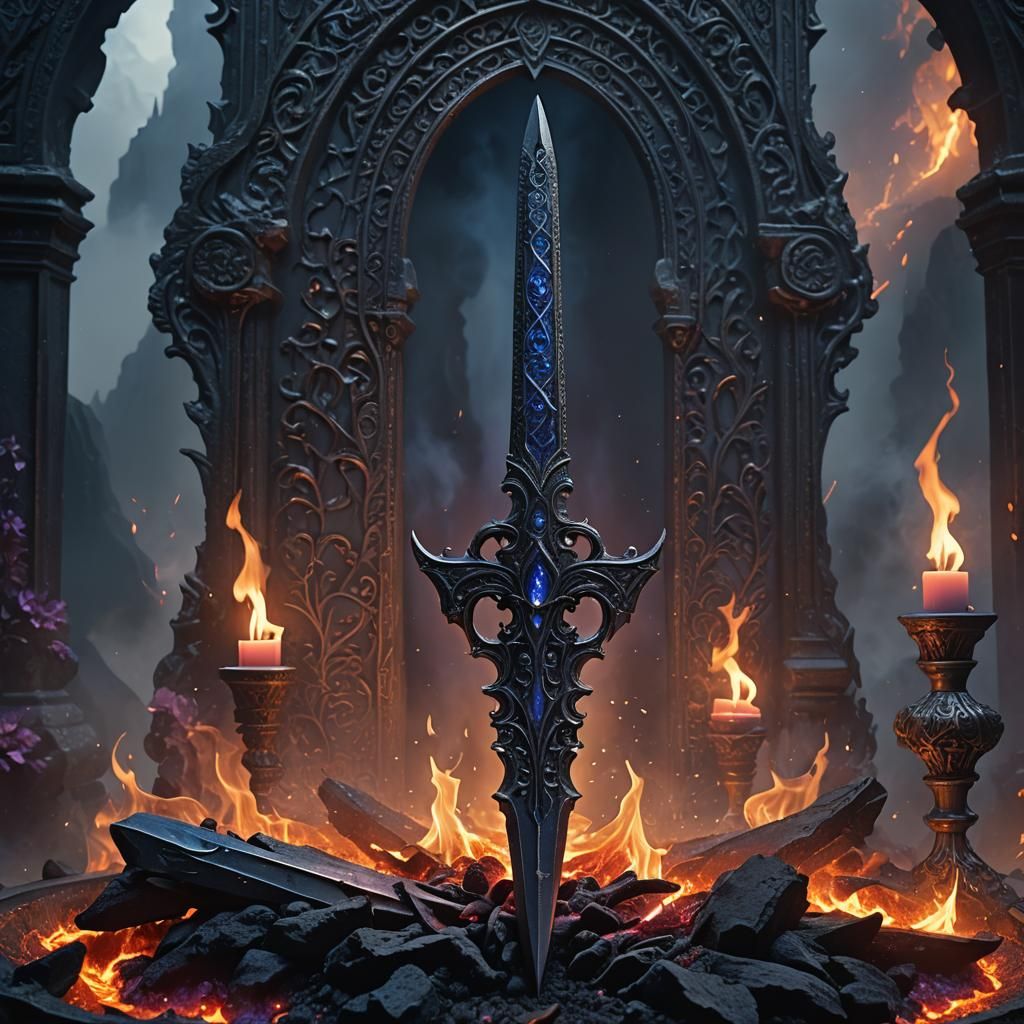 Mystical Dagger on Smoldering Altar in Art Nouveau Style