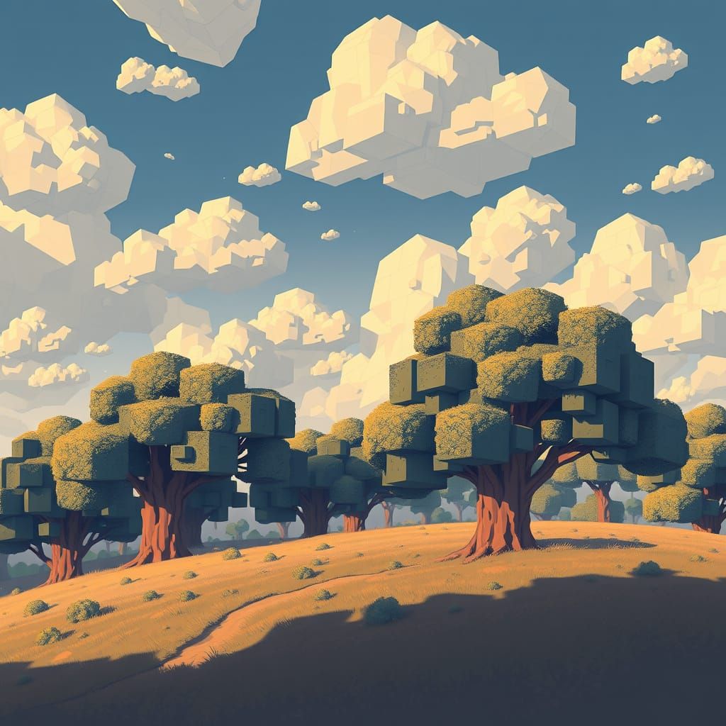 Surreal Low-Poly World with Pixelated Trees and Geometric Cl...