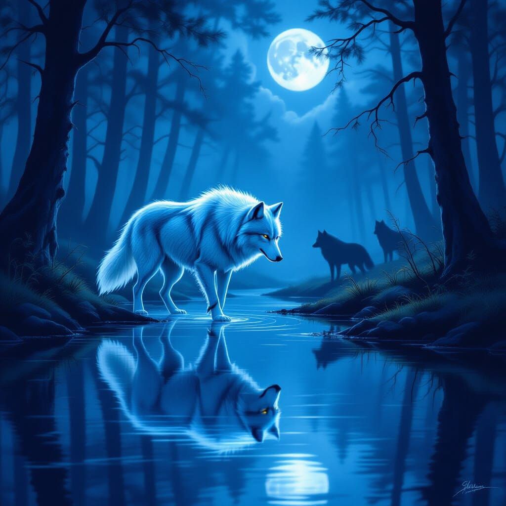 Spectral Wolf Reflections in Moonlit Forest Lake