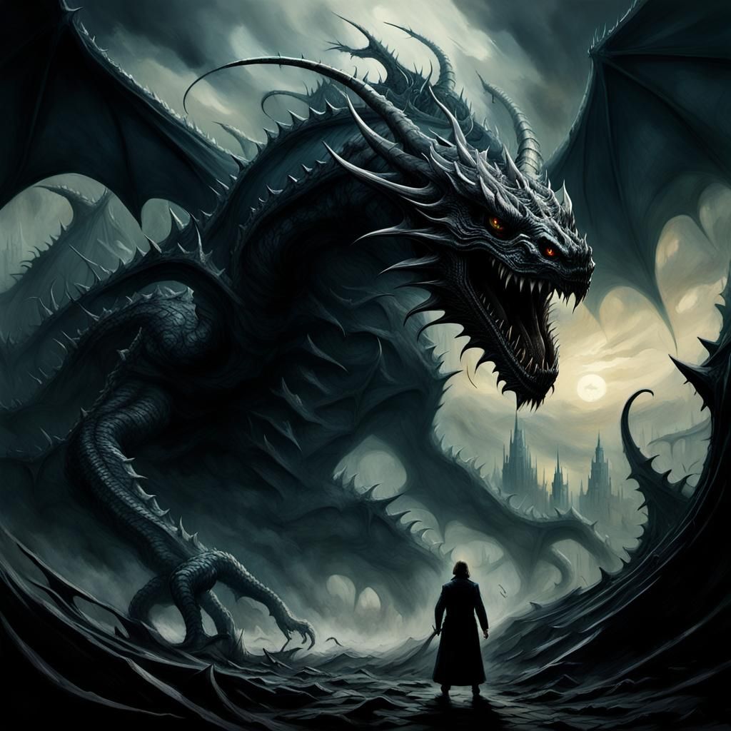 Terrifying Dragon Attack in Dark Fantasy Gothic Art