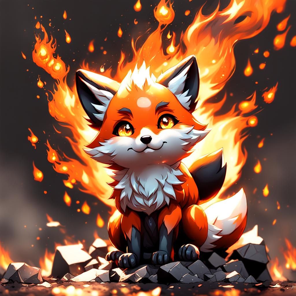 Fiery Chibi Fox Cub Digital Art