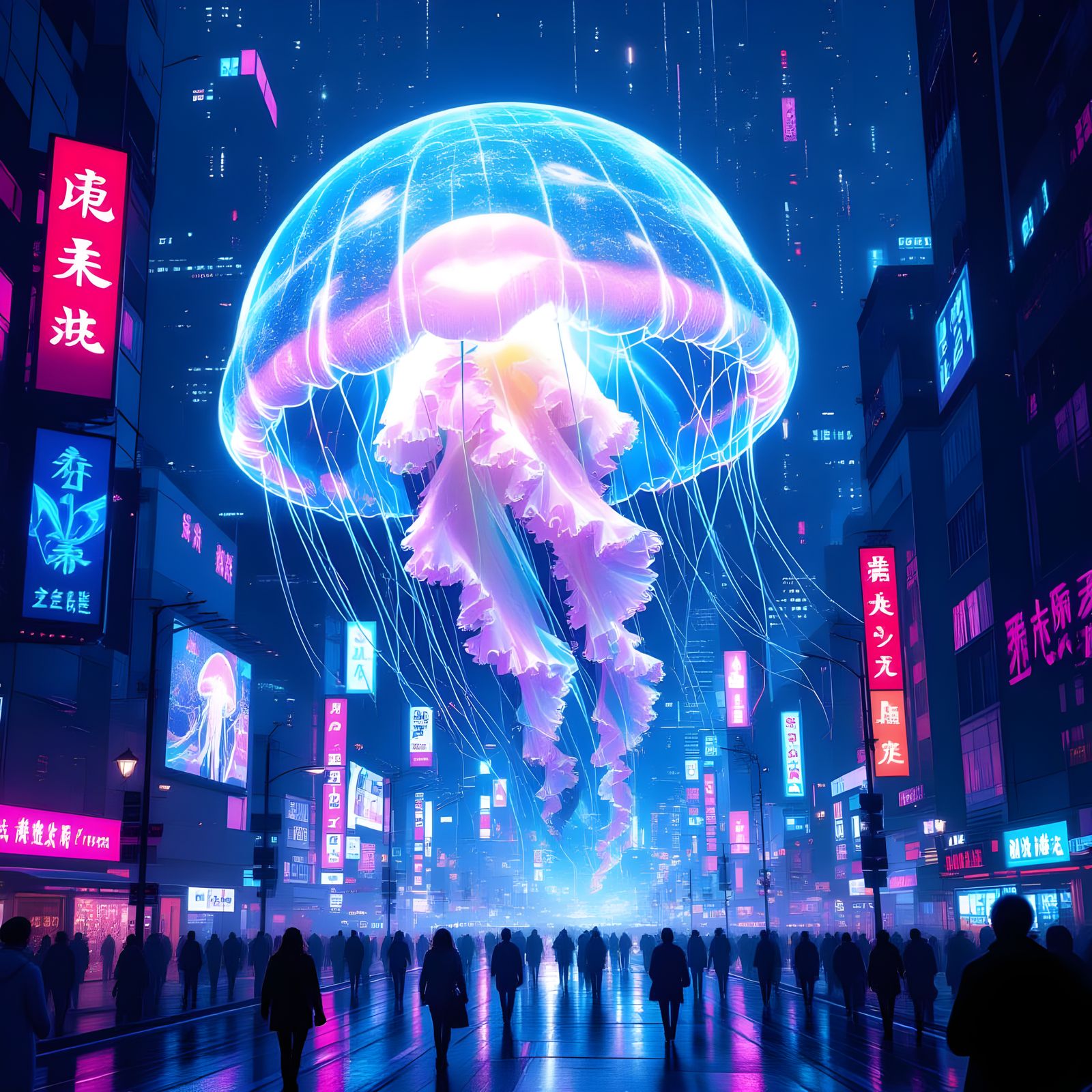 Bioluminescent Jellyfish Drifting Through Neon Cityscape