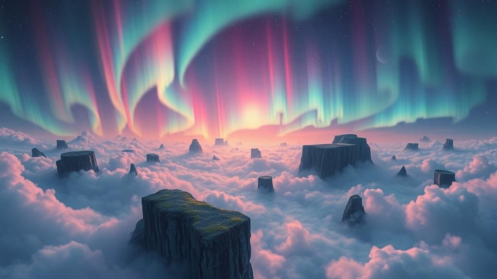 Ethereal Floating Islands Under Aurora Lights: Surrealist St...