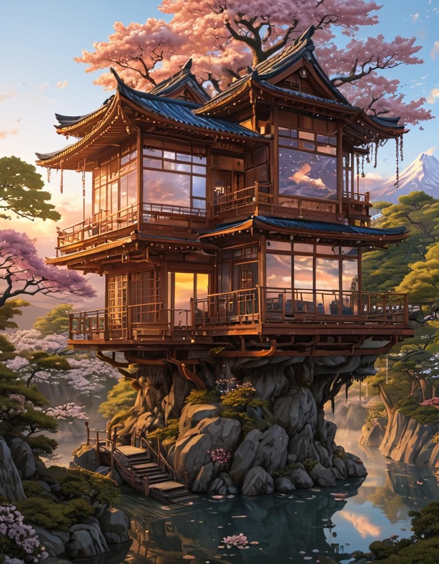 Surreal Floating Tea House: Ukiyo-e Style