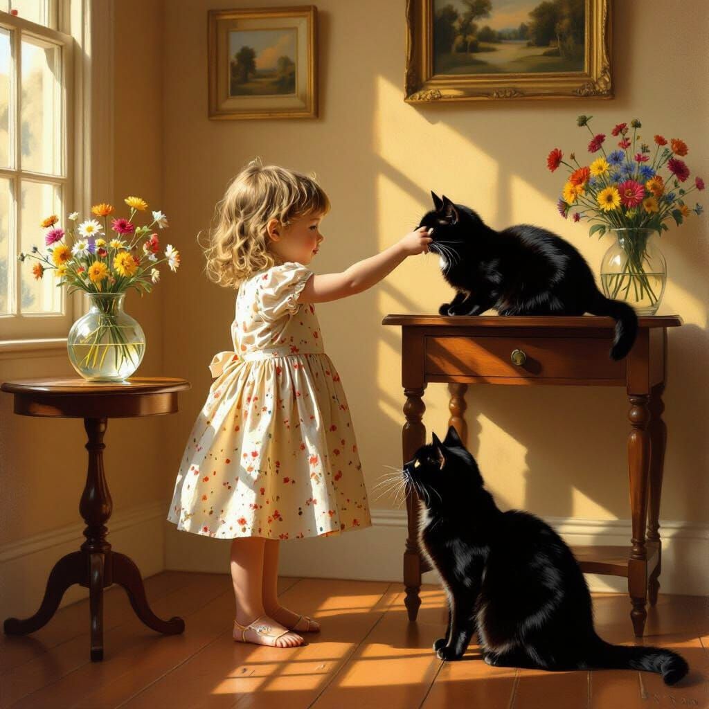 Girl and Cat in Sunlit Room, Classic Illustration