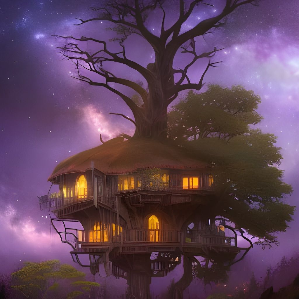 Stunning Treehouse Base Under Starry Night, Hyperdetailed Ar...