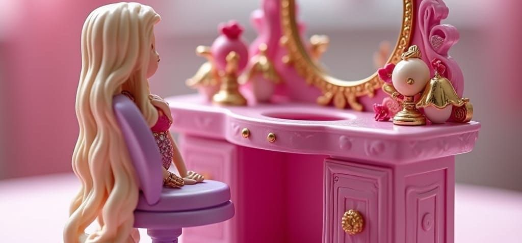 A macro photo, zoomed in. It depicts a pink and purple and gold toy beauty salon. macro lens