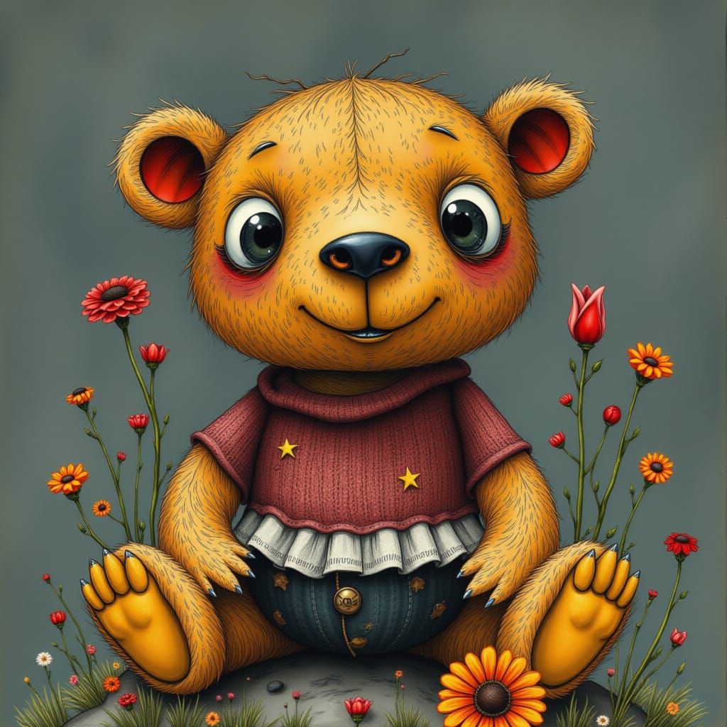 Yarn monster knitting a sweater, pop surrealism <lora:MO ToyWorld:1.0>