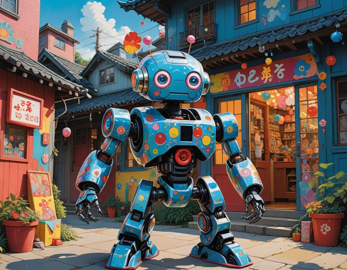 Whimsical Robot Delivers Joy in Fantastical Gouache Style