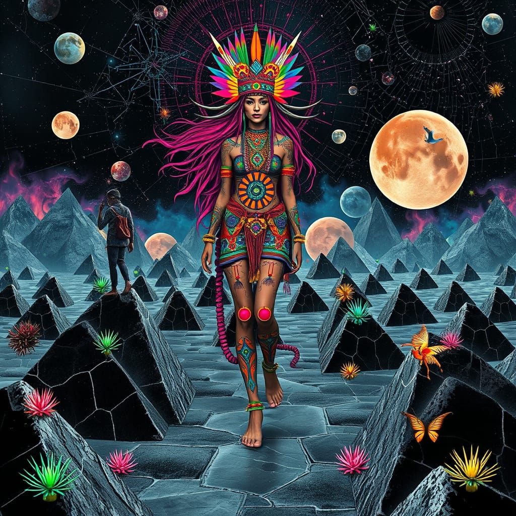 Mystical Woman Embodies Vibrant Tribal Patterns in a Surreal...