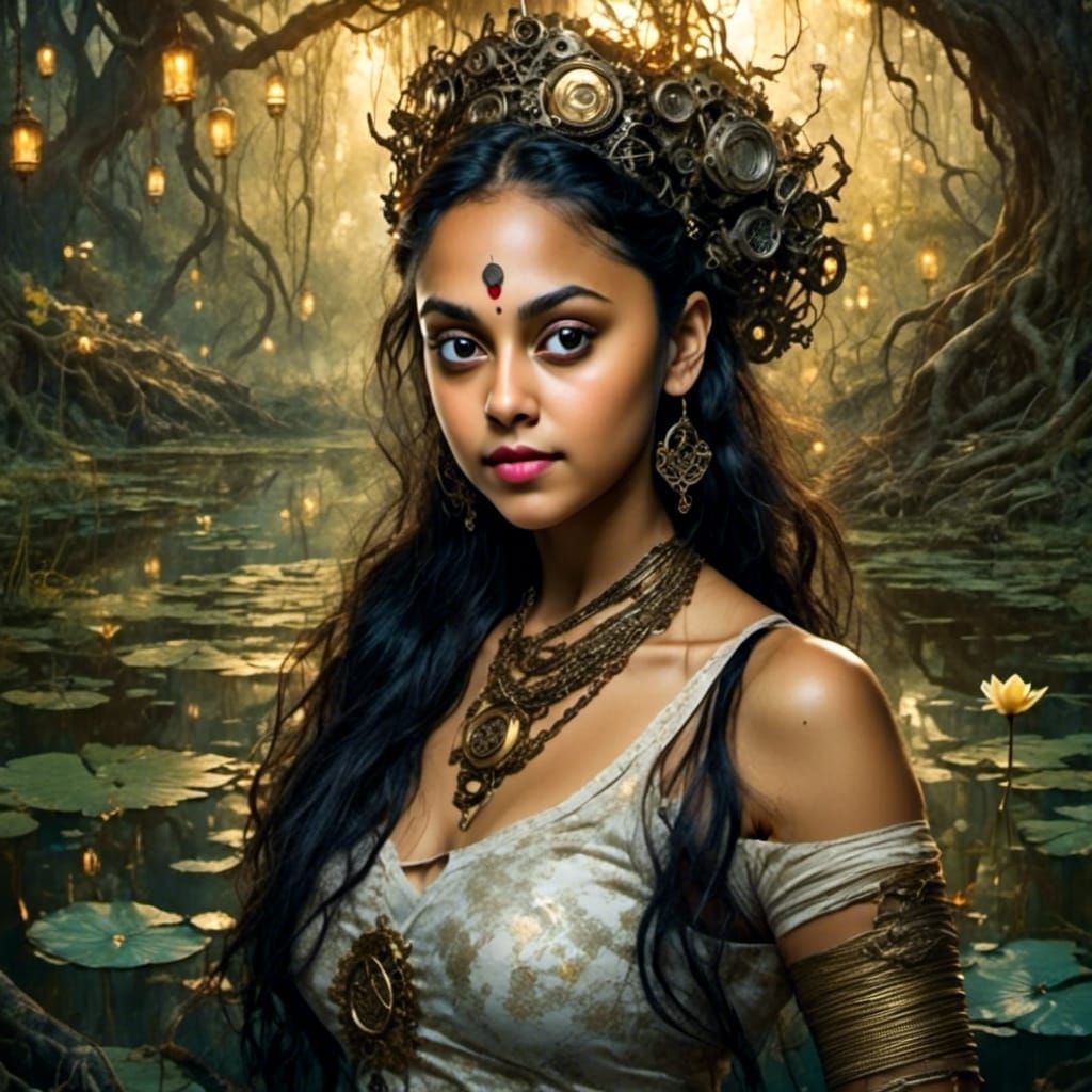 Steampunk Indian Princess in Lotus Pond