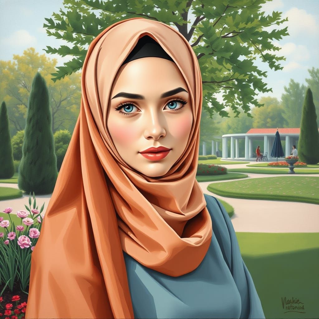 Oil Painting of Elegant Hijabi Woman in Garden