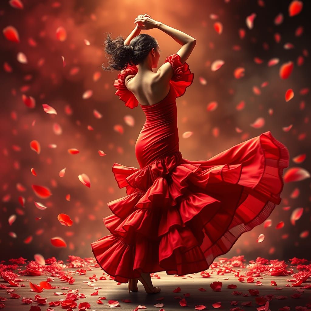 Fiery Flamenco Dancer in Anime Style with Floral Accents