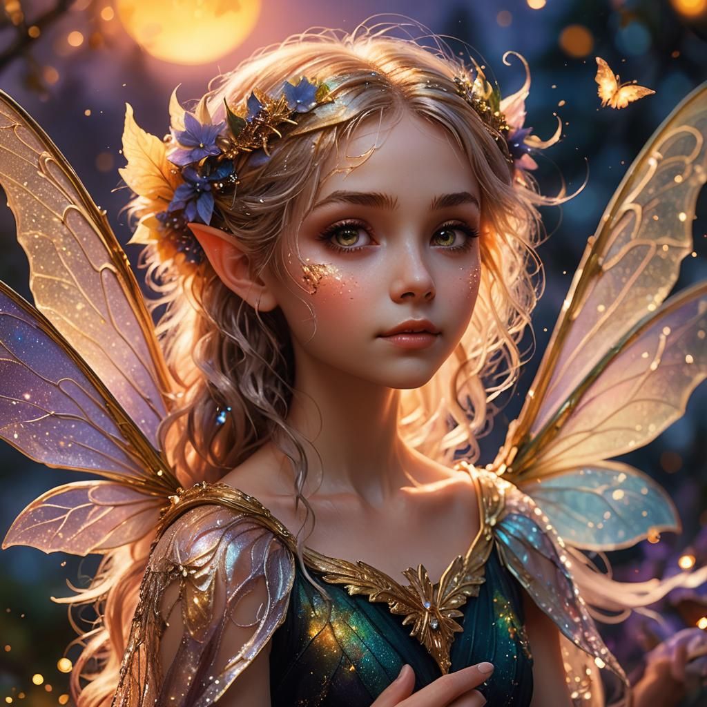 Glowing Fairy with Fuzzy Bat in Enchanted Setting