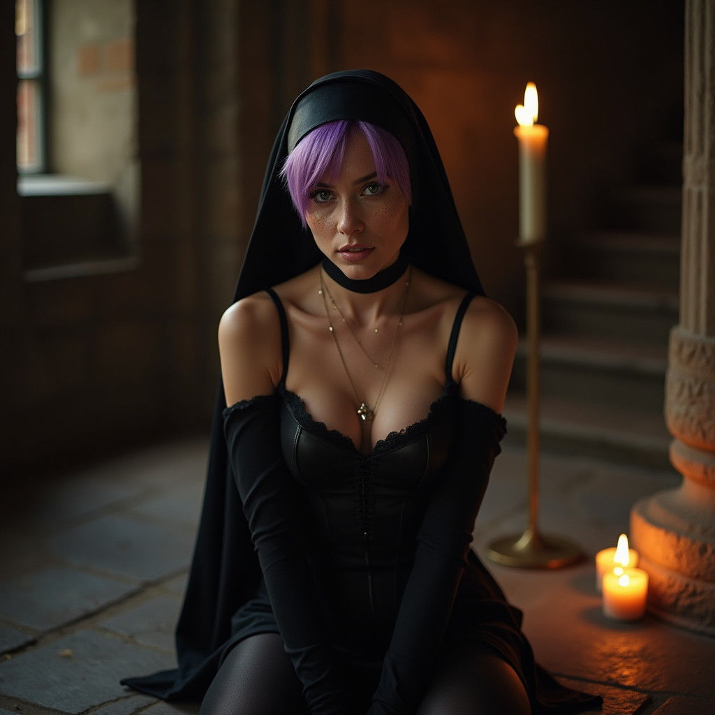 Trans Woman in Gothic Chamber: Cinematic Film Still