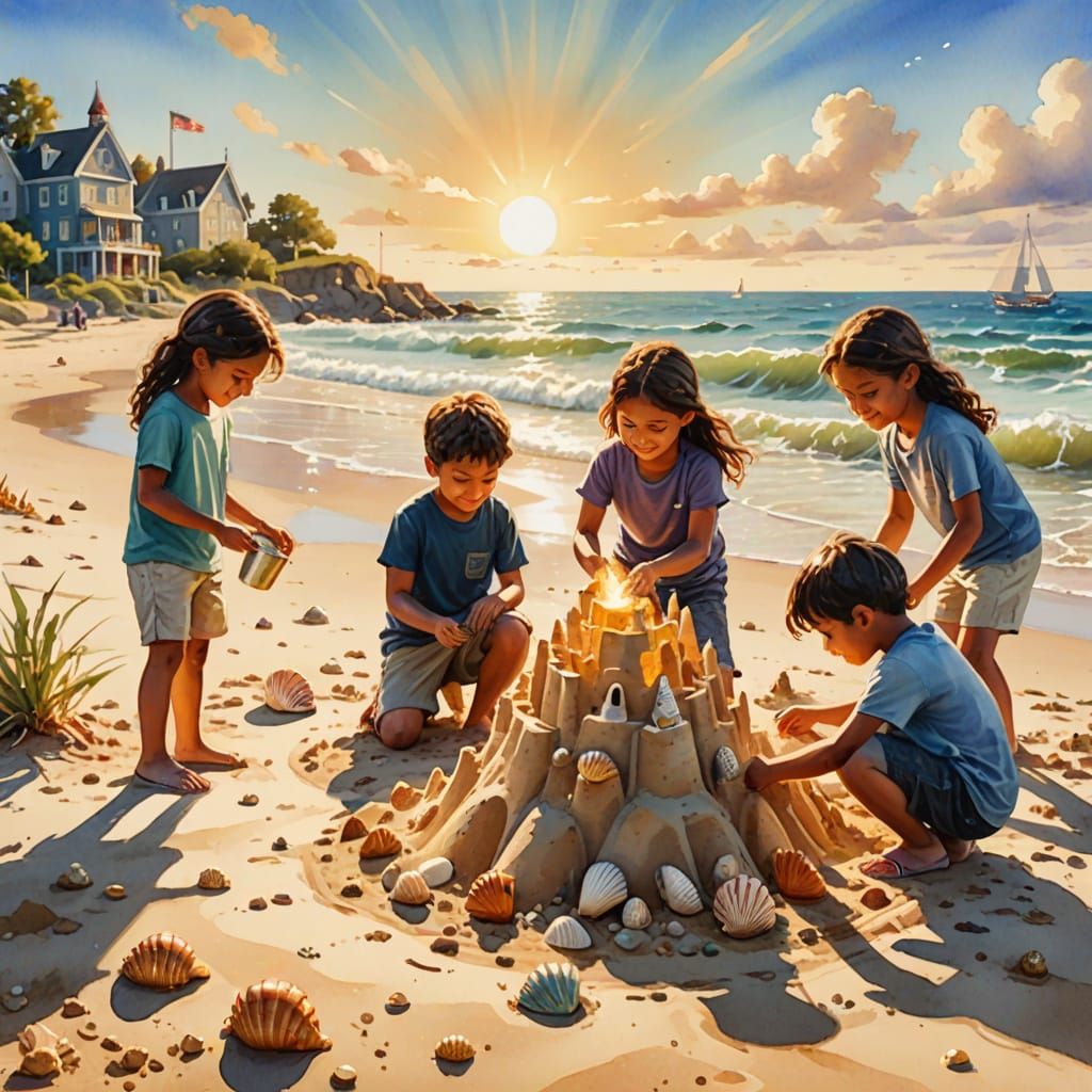 Children Build Sandcastle: Impressionistic Watercolor Painti...