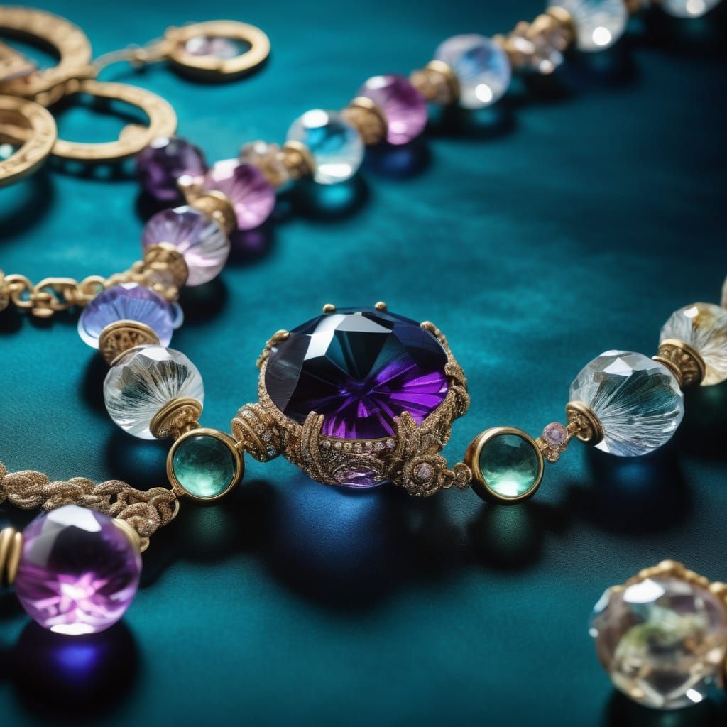 A close-up of Murano glass beads and Swarovski crystal jewelry, arranged artistically on a velvet surface. The light cat...