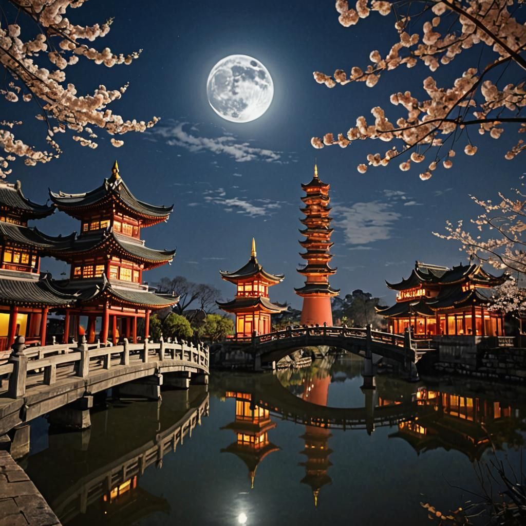 Full Moon Over East Asian Architecture at Night