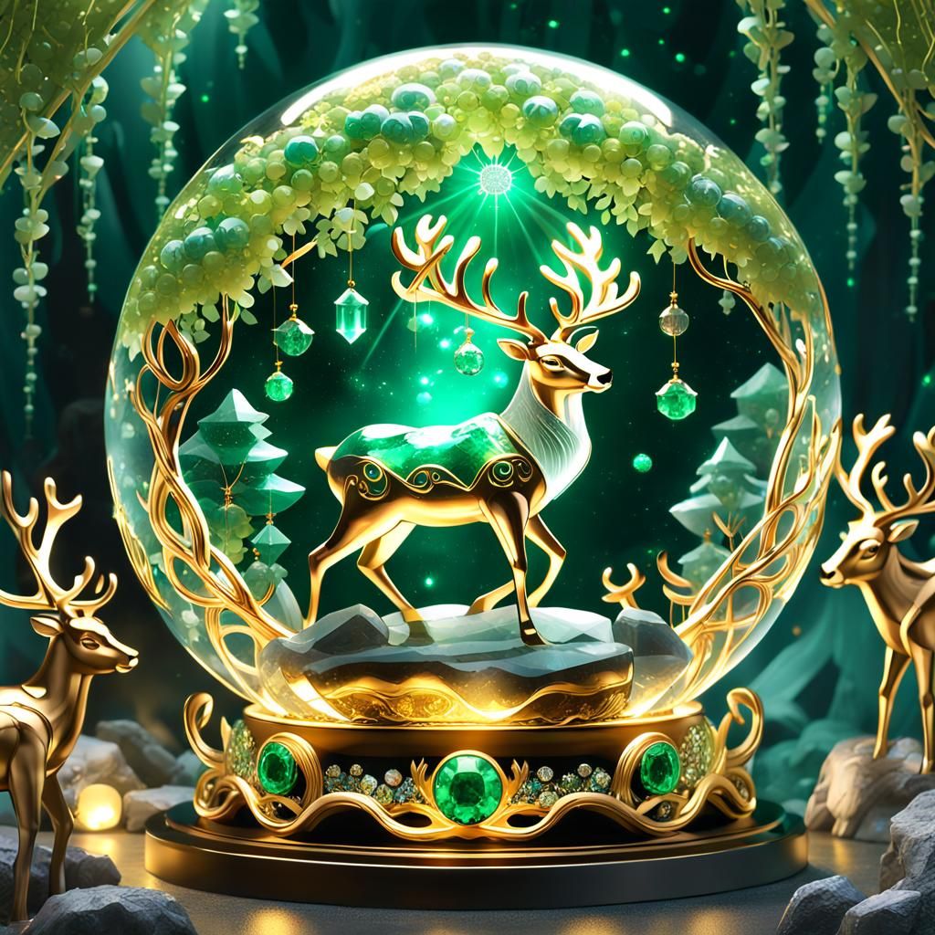 Crystal Lotus and Emerald Reindeer Sculpture
