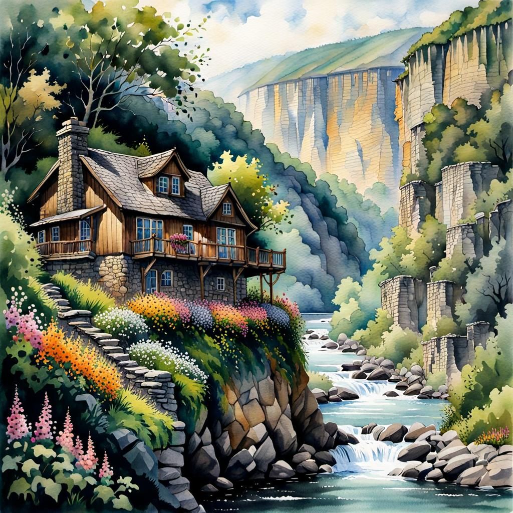 Cottage Overlooking Ravine in Watercolor and Ink
