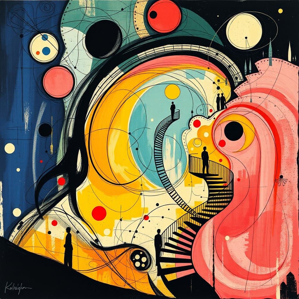 Surreal Abstract Expressionism with Spirals and Silhouettes