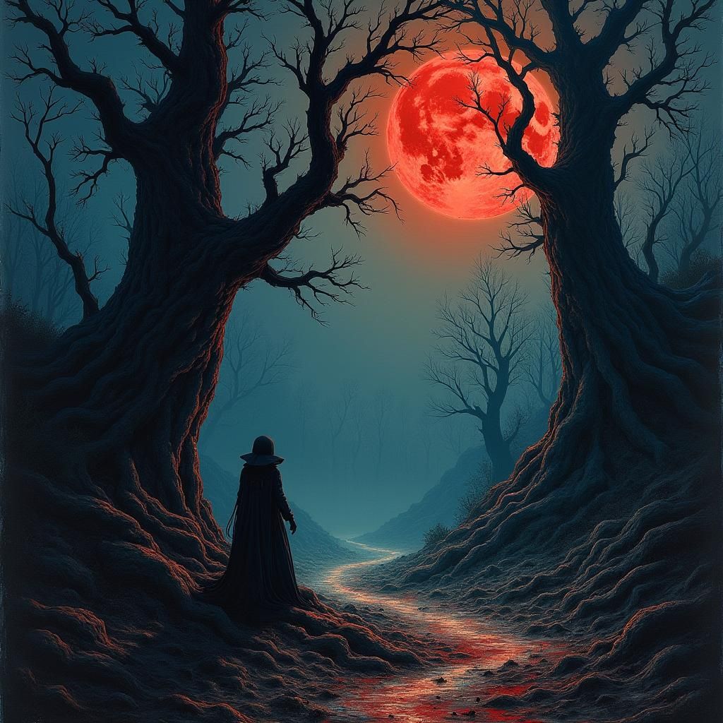 Foreboding Landscape Under Blood Moon in Haunting Style