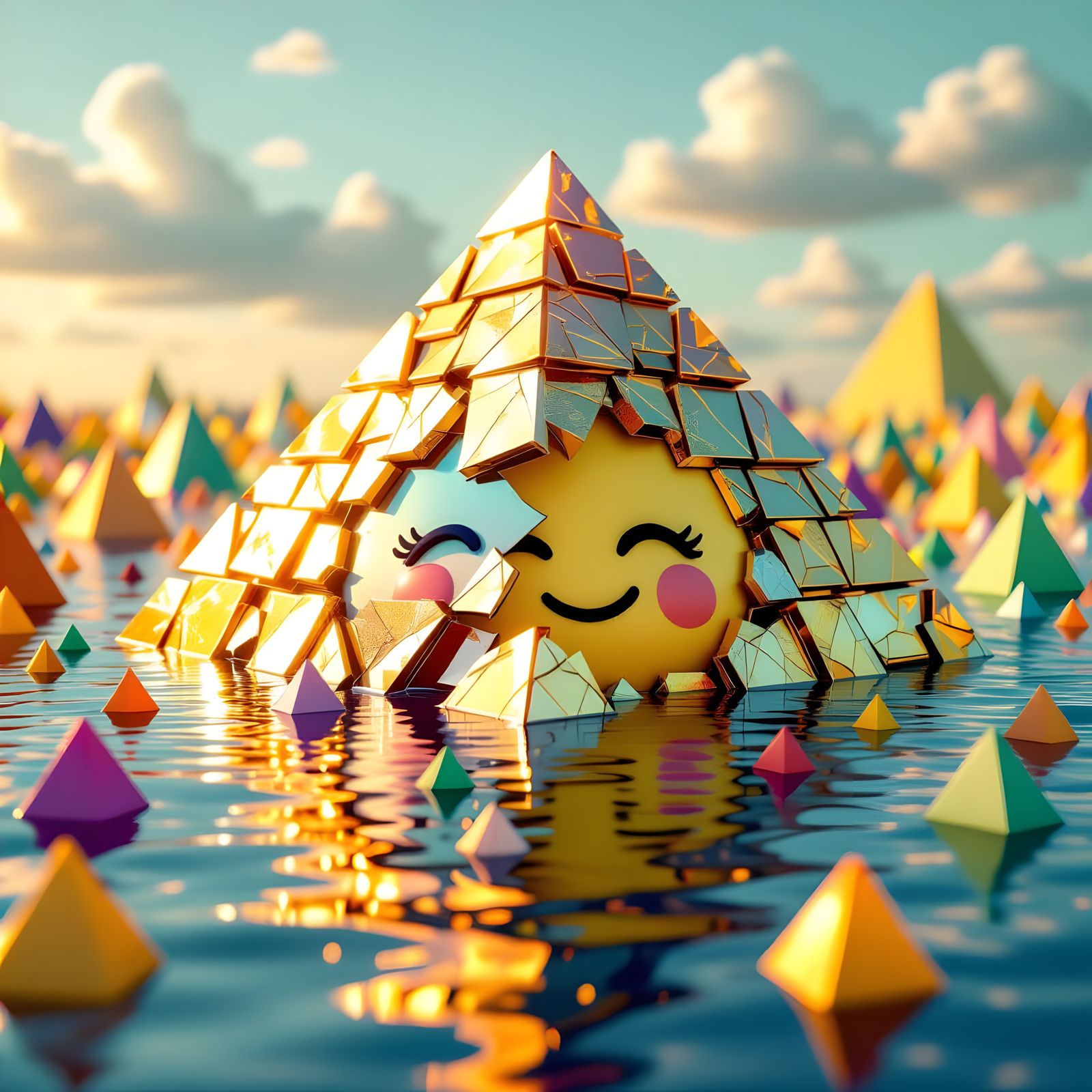 Melting Golden Pyramid in Hyper-Realistic CGI Style