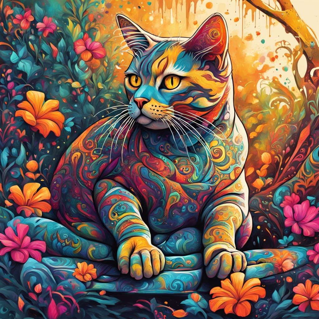 Graffiti Art Cat in Exotic Garden