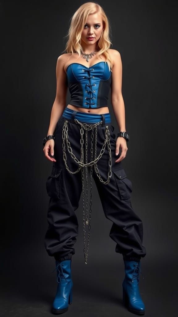 Gothic Woman in Blue Corset and Baggy Cargo Pants