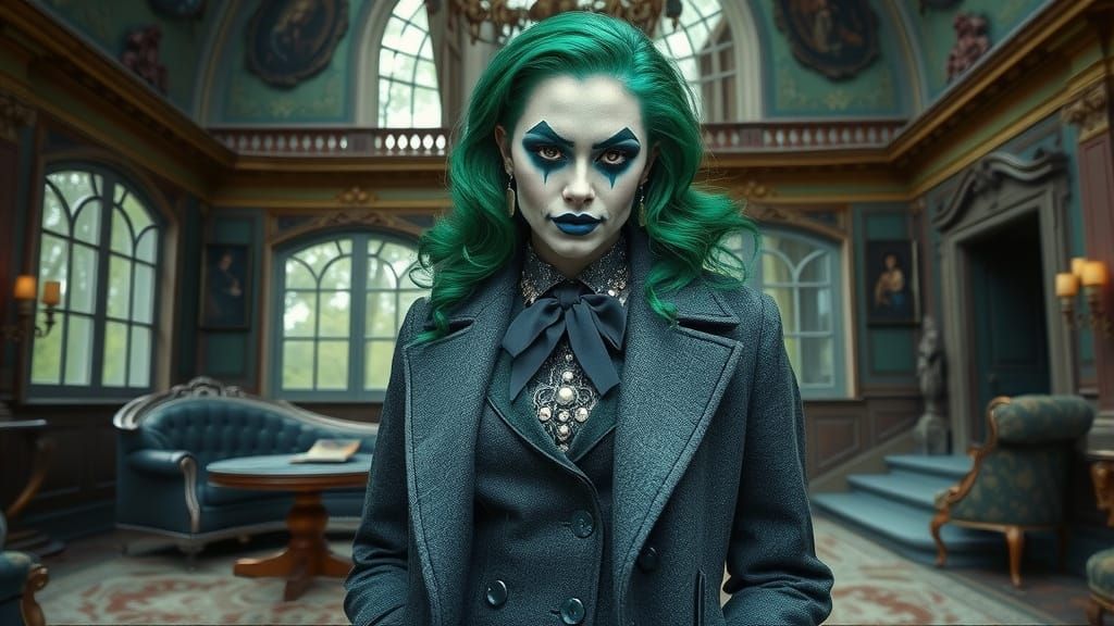 Fashion Icon with Jester Makeup in Opulent Mansion