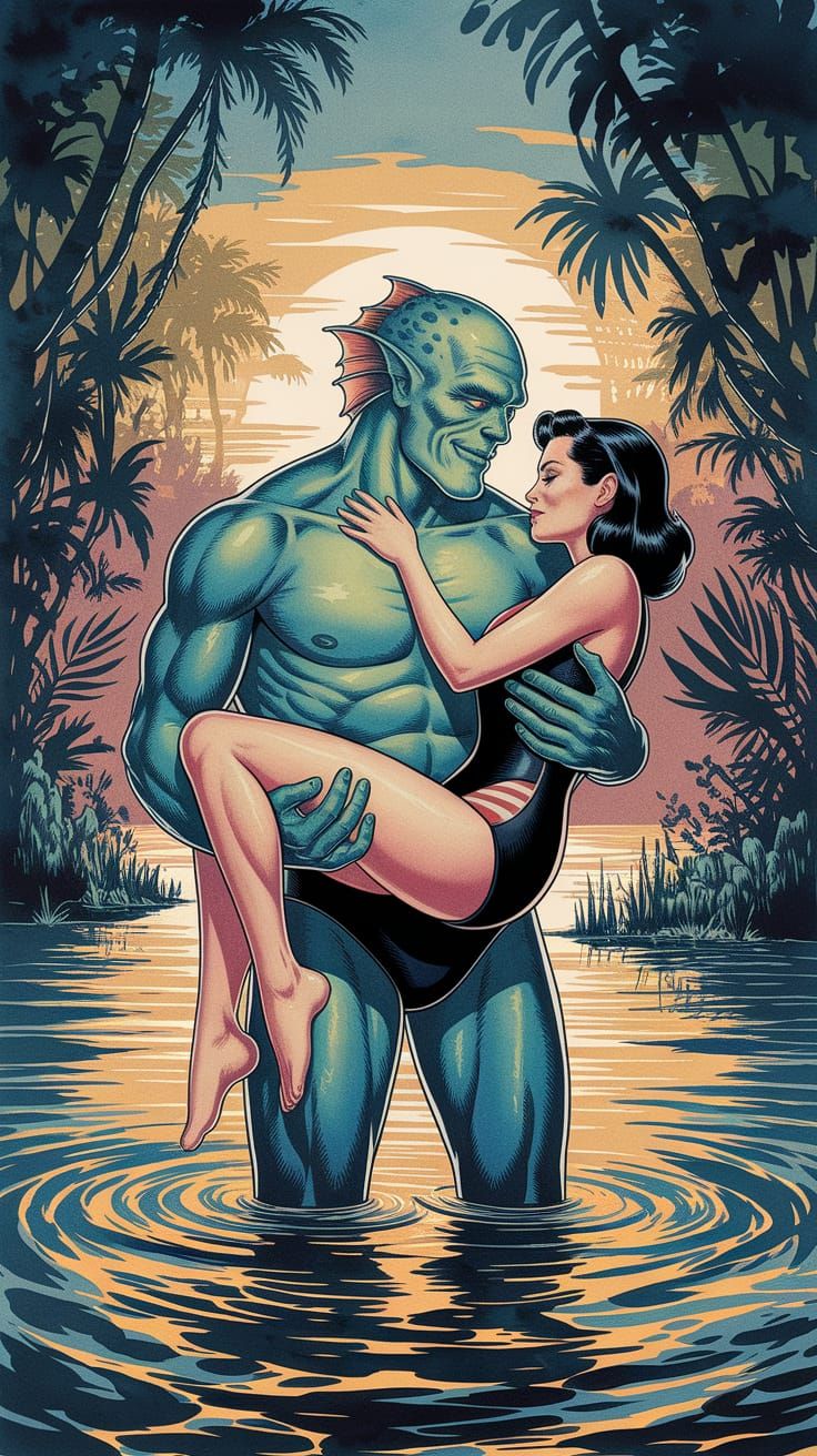 Green Gill-Man's Tropical Romance in Watercolor
