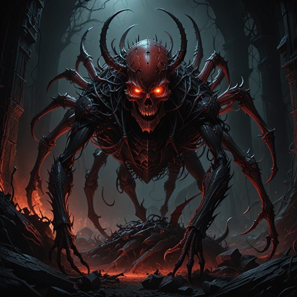 Dark Fantasy Arachnid Battles Twisted Beast in Greg Rutkowsk...