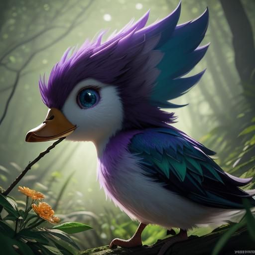 Fluffy Grape Duck in Whimsical Forest: Pixar-Inspired Art