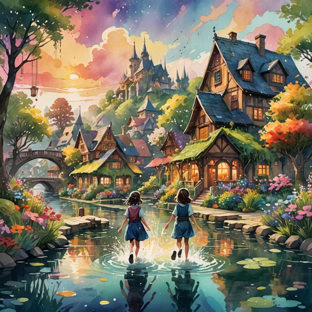 Whimsical Kids Walking on Water: Fantasy Village Scene