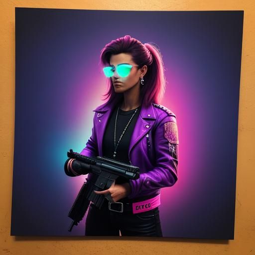 Miami Killer with Neon Gun in 80s Style
