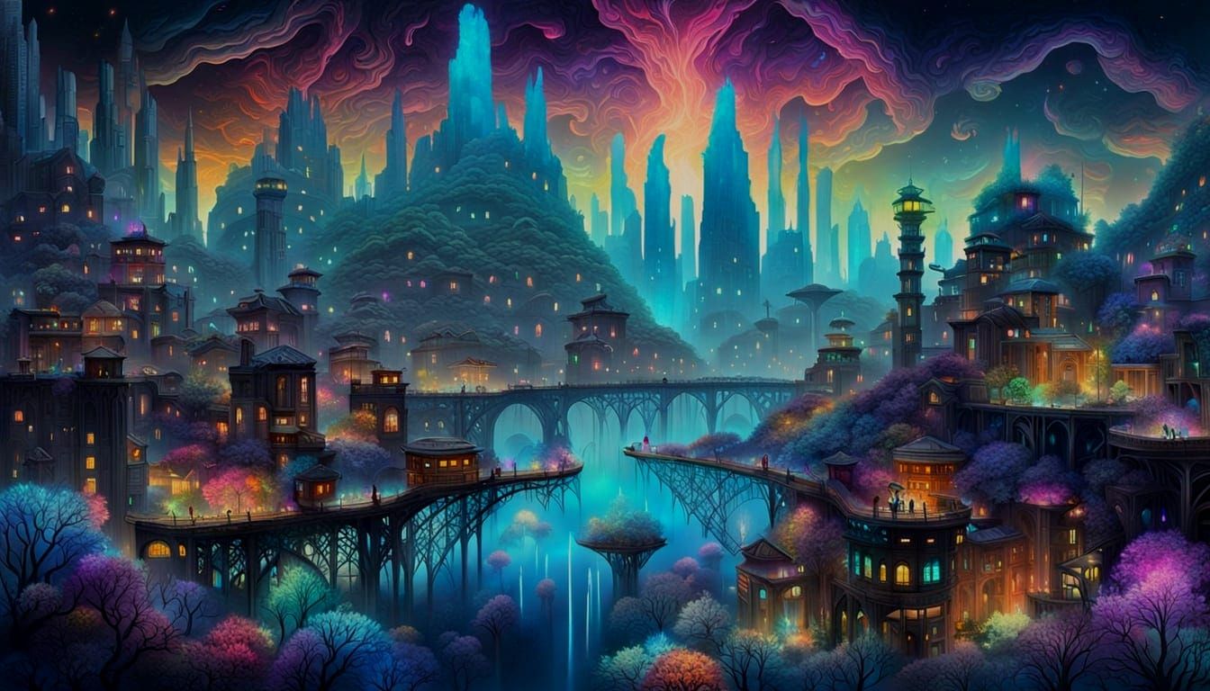 Bioluminescent Cityscape with Hybrid Creatures