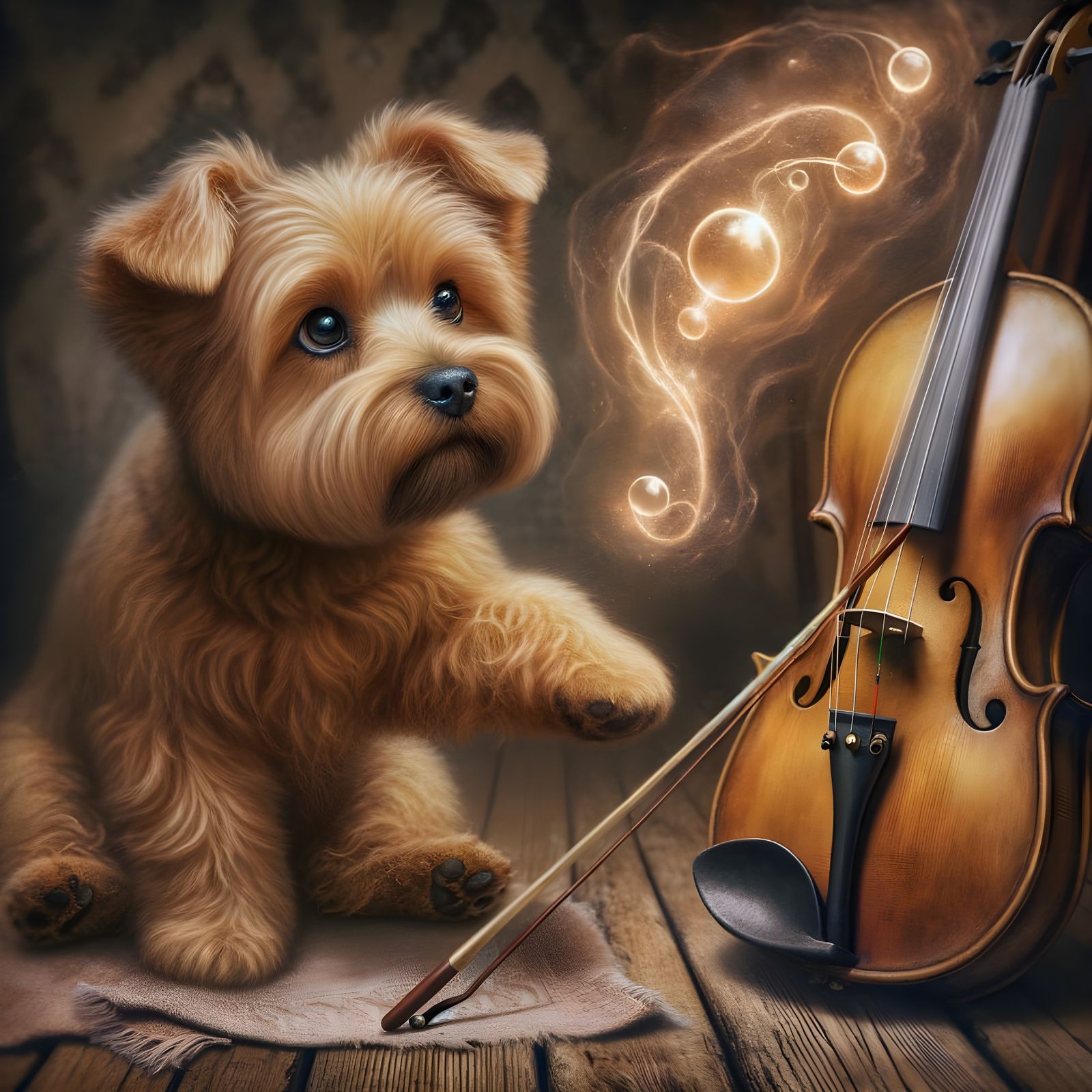 Terrier Touches Violin, Ethereal Mist in Photorealistic Oil ...