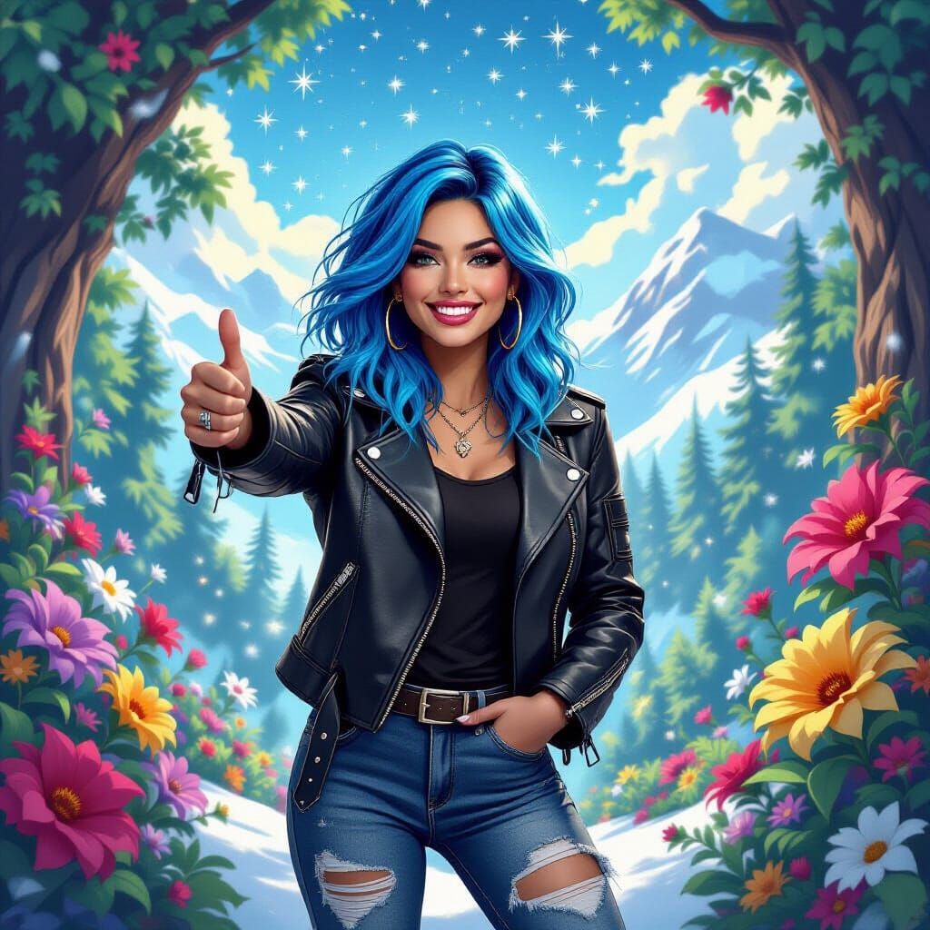 Rockstar with Blue Hair in Snowy Rainforest