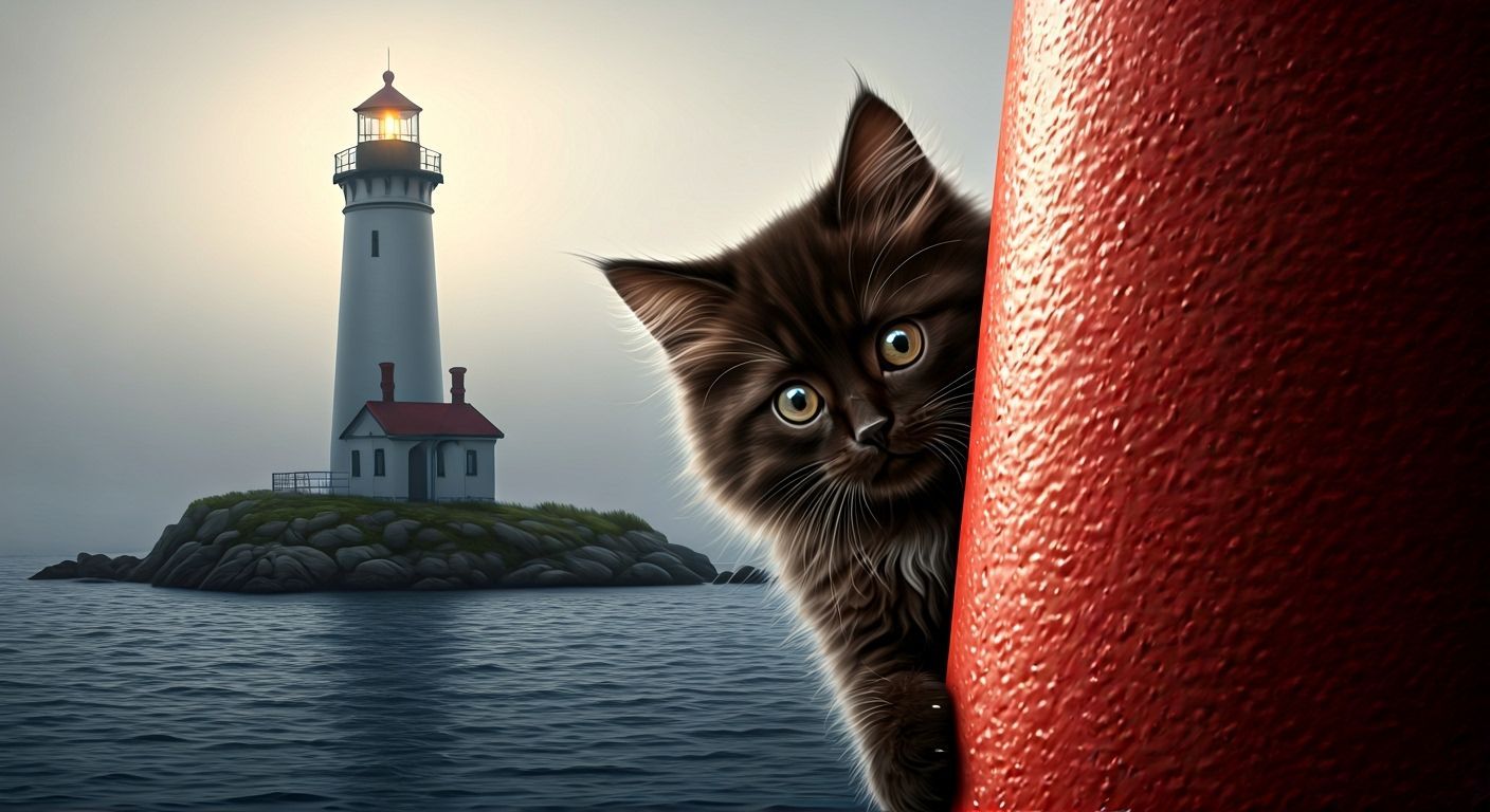 Cute Fluffy Kitten Peeks from Lighthouse on Foggy Morning