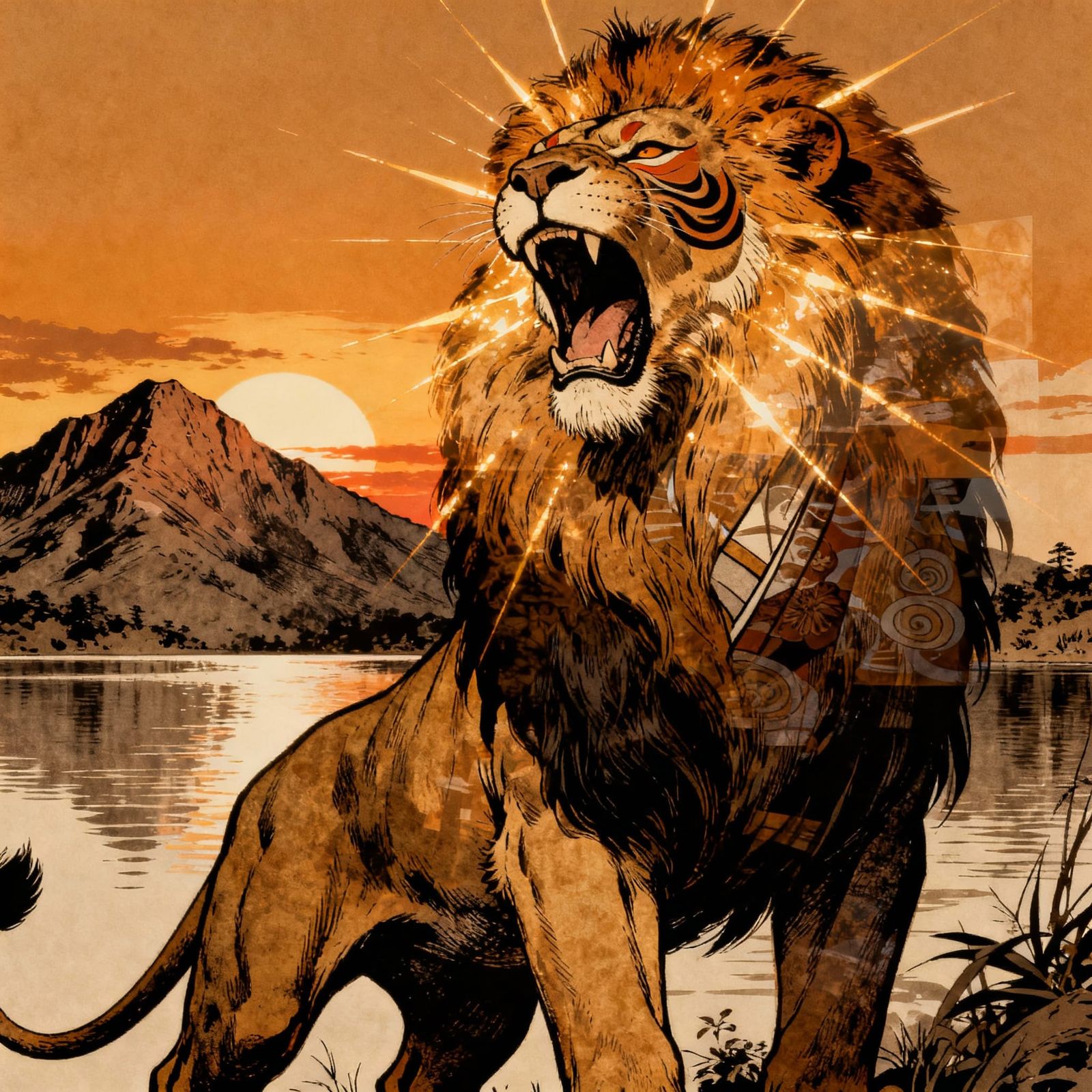 Majestic Lion Roar at Sunset in Amber Sepia Tones